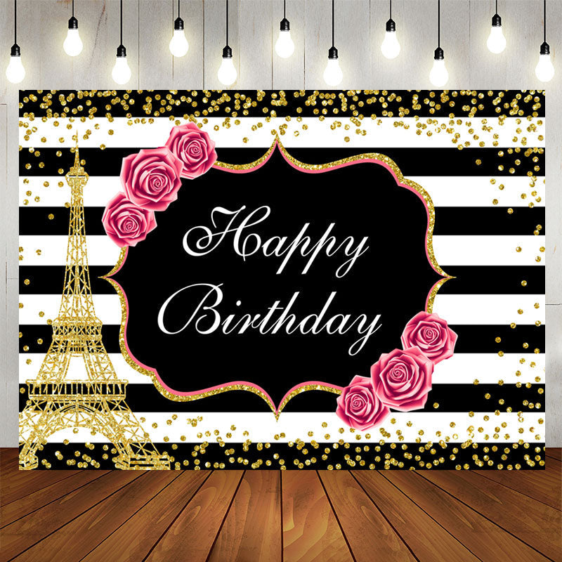 Aperturee - Floral And Gold Eiffel Tower Glitter Birthday backdrop