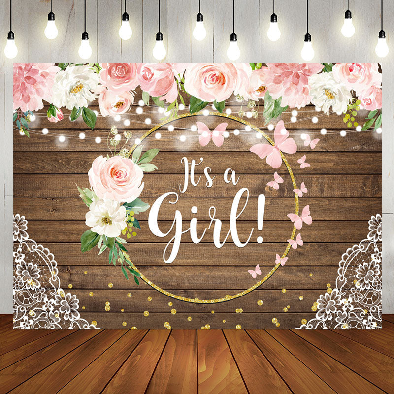 Aperturee - Floral And Golden Circle Wooden Baby Shower Backdrop