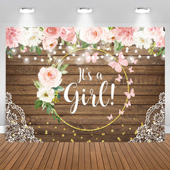 Aperturee - Floral And Golden Circle Wooden Baby Shower Backdrop