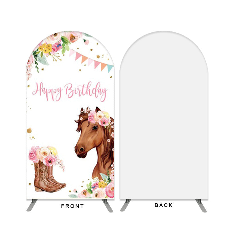 Aperturee - Floral And Horse Happy Birthday Double Sided Arch Backdrop