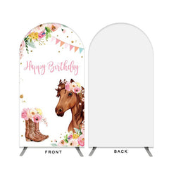 Aperturee - Floral And Horse Happy Birthday Double Sided Arch Backdrop