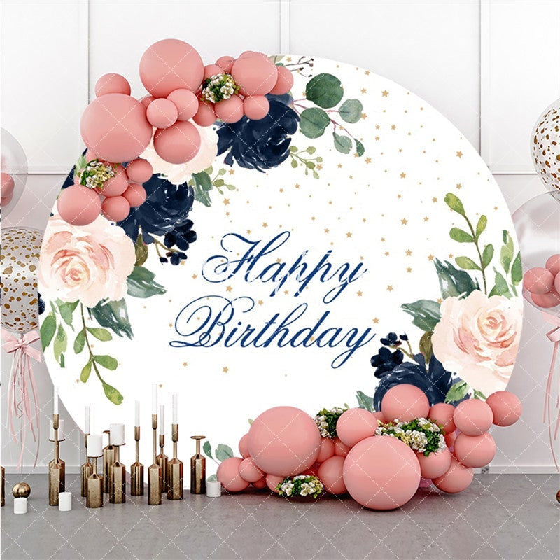 Aperturee Floral And Leaves Giltter Circle Happy Birthday Backdrop