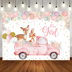 Aperturee - Floral And Pink Truck With Deer Baby Shower Backdrop