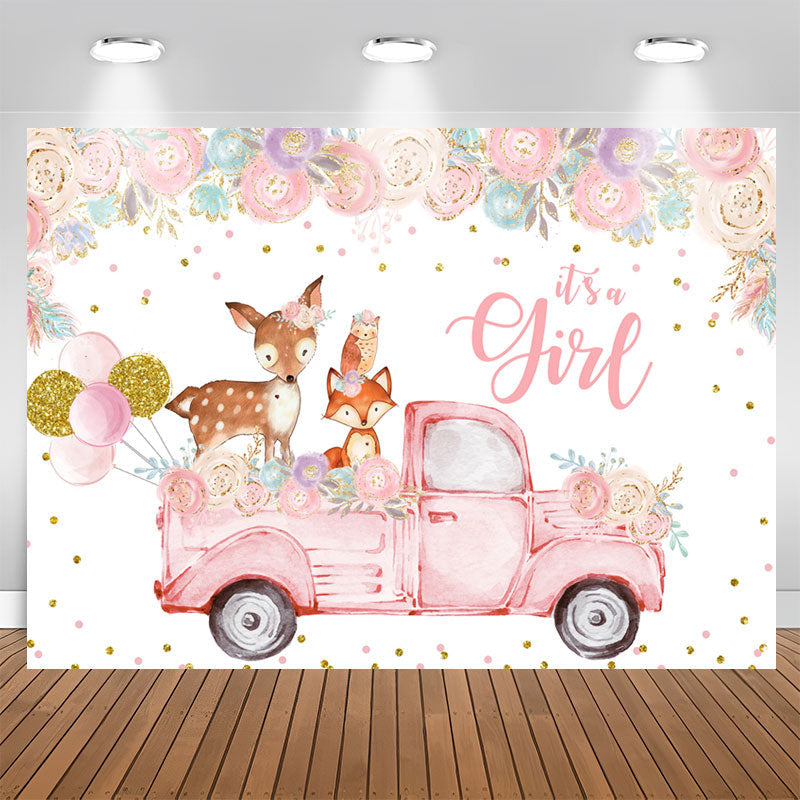 Aperturee - Floral And Pink Truck With Deer Baby Shower Backdrop