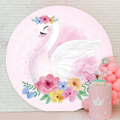 Aperturee - Floral And Swan Round Pink Baby Shower Backdrop