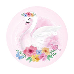 Aperturee - Floral And Swan Round Pink Baby Shower Backdrop