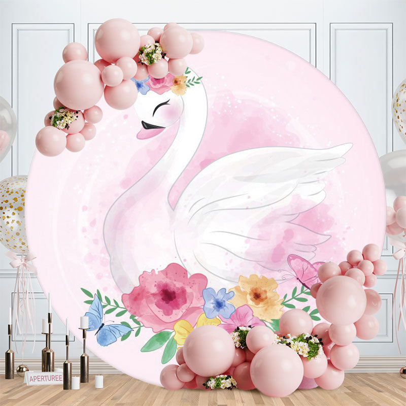 Aperturee - Floral And Swan Round Pink Baby Shower Backdrop