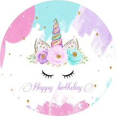 Aperturee - Floral And Unicorn Gold Glitter Round Birthday Backdrop