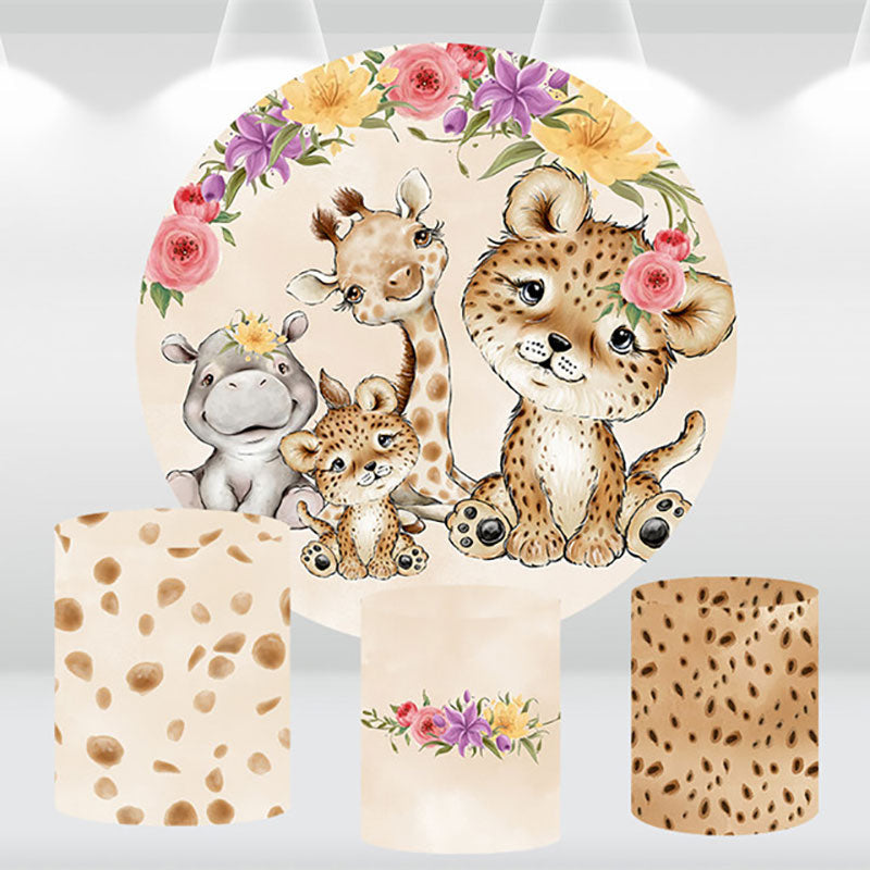 Aperturee Floral Animals Khaki Round Birthday Backdrop Kit