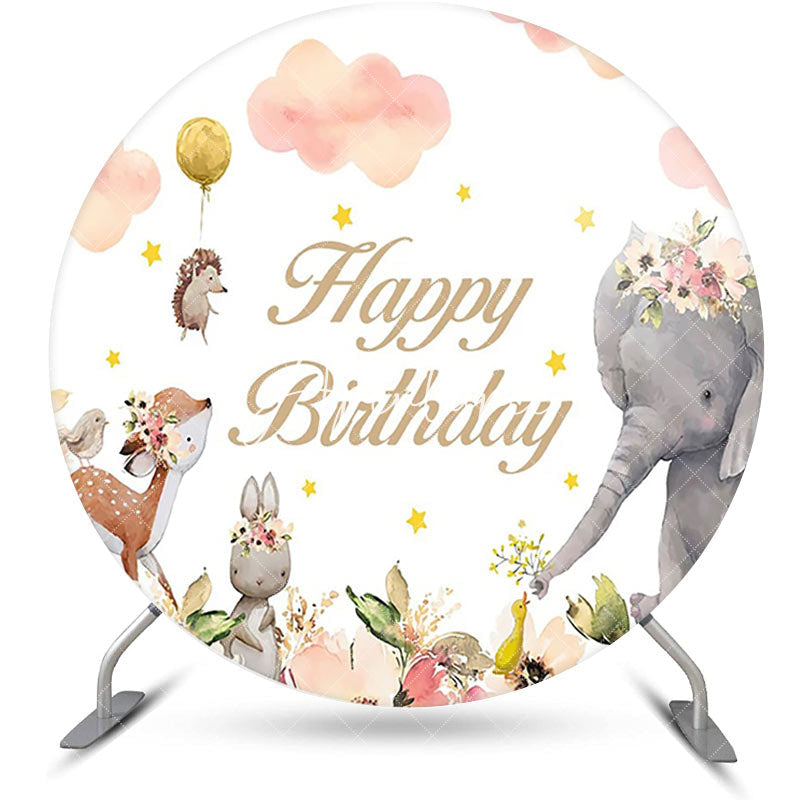 Aperturee - Floral Animals Pink Cloud Round Birthday Backdrop