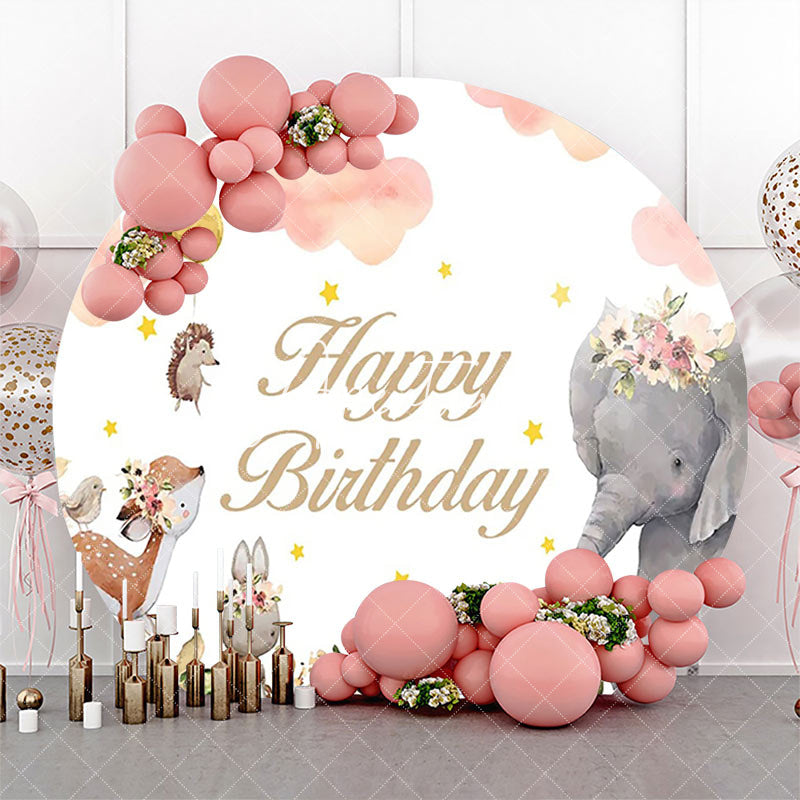 Aperturee - Floral Animals Pink Cloud Round Birthday Backdrop