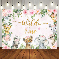 Aperturee - Floral Animals Wild One Pink Happy Birthday Backdrop