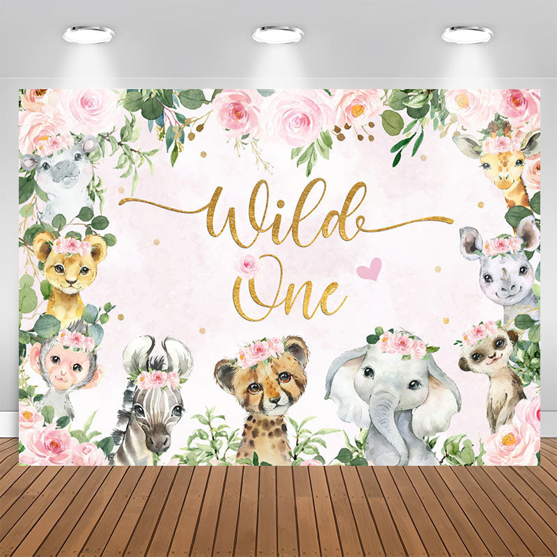 Aperturee - Floral Animals Wild One Pink Happy Birthday Backdrop