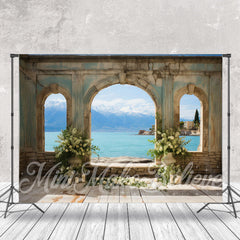 Aperturee - Floral Arch Door Seaside Photo Retro Wall Backdrop