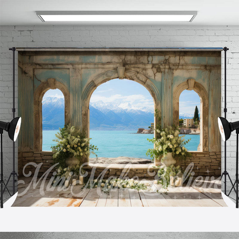 Aperturee - Floral Arch Door Seaside Photo Retro Wall Backdrop