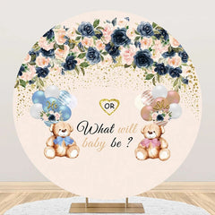 Aperturee - Floral Balloon Bear Round Gender Reveal Backdrop