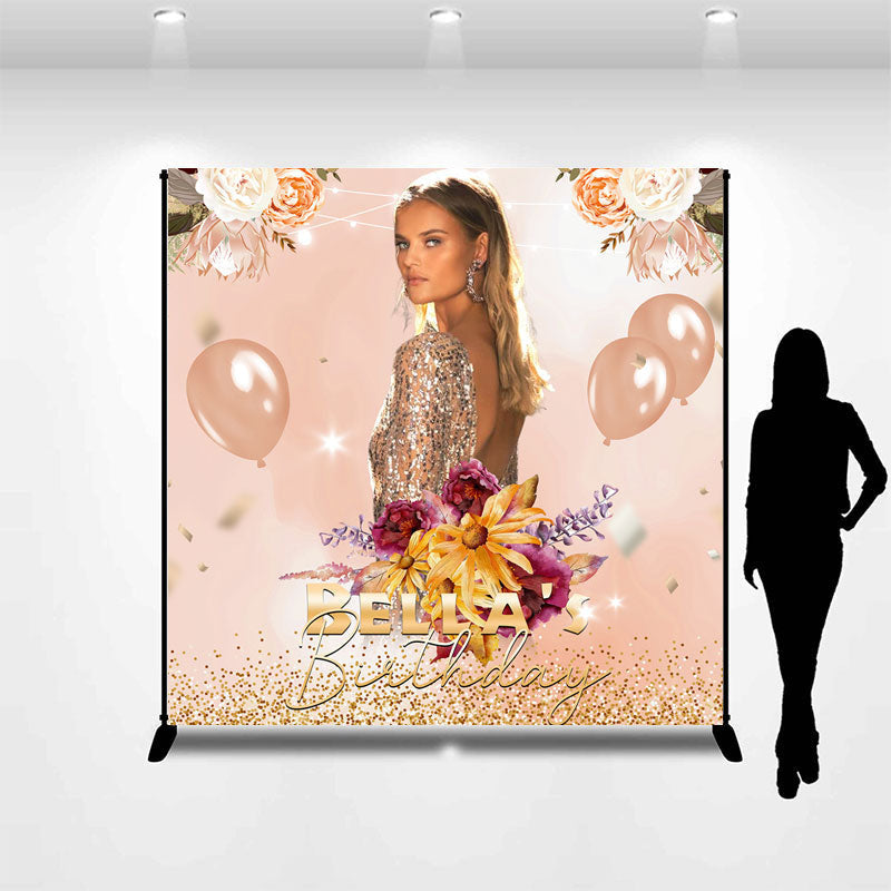 Aperturee - Floral Balloon Custom Photo Women Birthday Backdrop