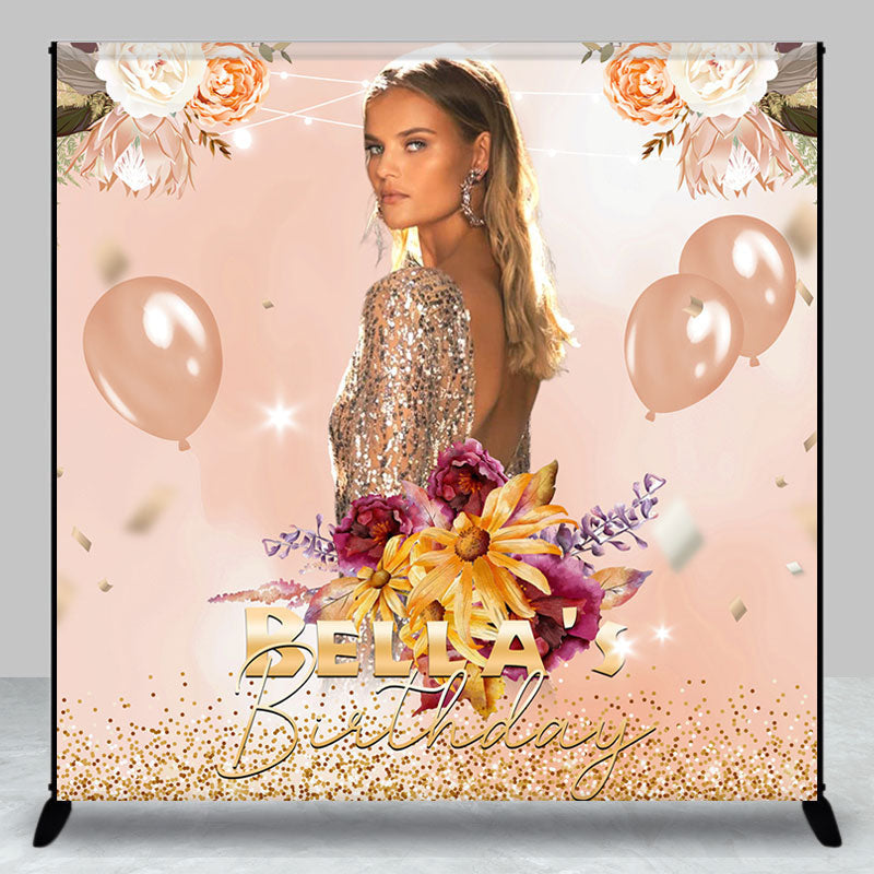 Aperturee - Floral Balloon Custom Photo Women Birthday Backdrop