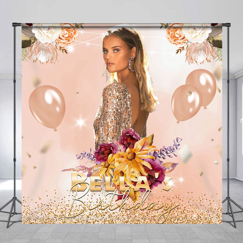 Aperturee - Floral Balloon Custom Photo Women Birthday Backdrop