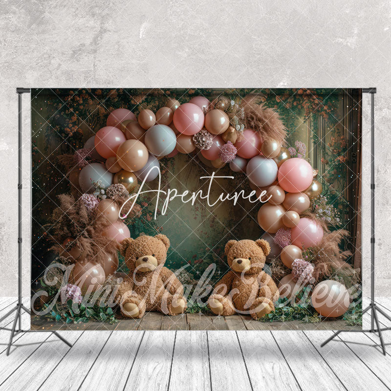 Aperturee - Floral Balloons Bear Birthday Cake Smash Backdrop