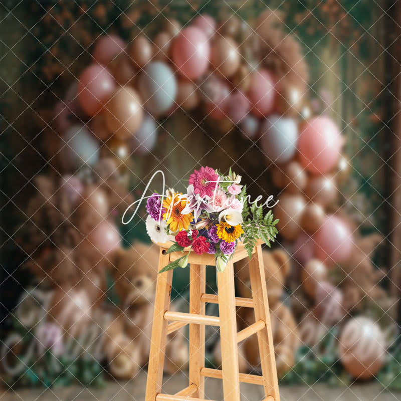 Aperturee - Floral Balloons Bear Birthday Cake Smash Backdrop