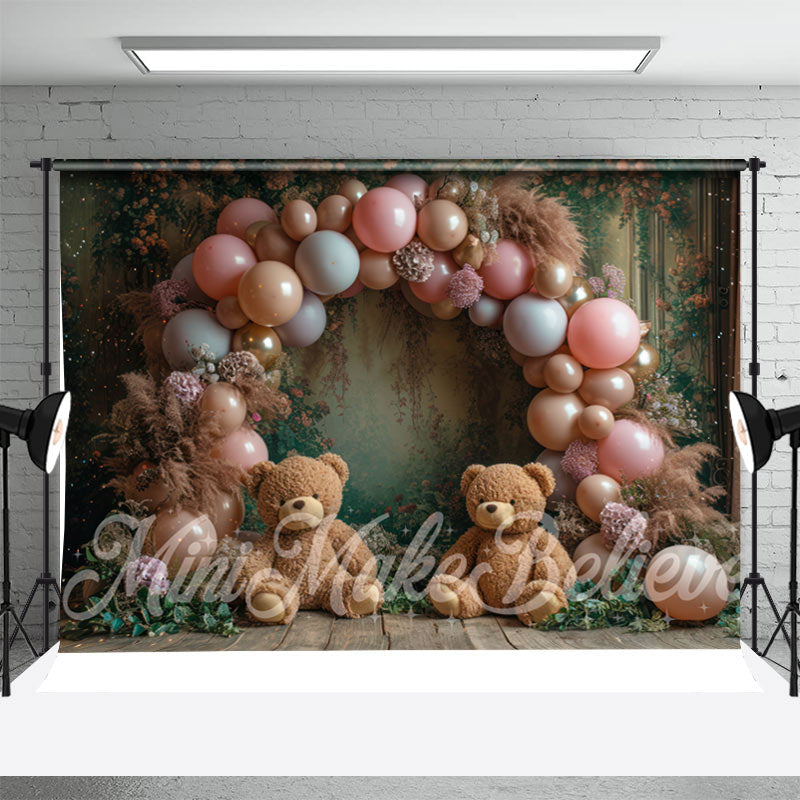 Aperturee - Floral Balloons Bear Birthday Cake Smash Backdrop