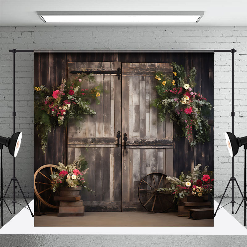 Aperturee - Floral Barn Wooden Door Cake Smash Photo Backdrop