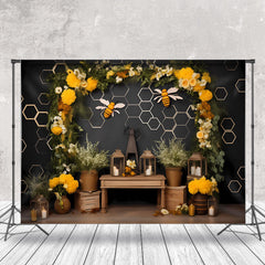 Aperturee - Floral Bee Honeycomb Birthday Cake Smash Backdrop