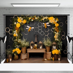 Aperturee - Floral Bee Honeycomb Birthday Cake Smash Backdrop