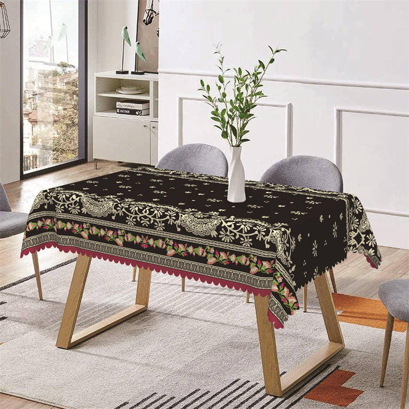 Aperturee - Floral Beige Patterns Dot Black Rectangle Tablecloth