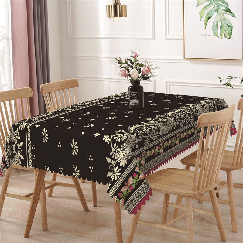 Aperturee - Floral Beige Patterns Dot Black Rectangle Tablecloth