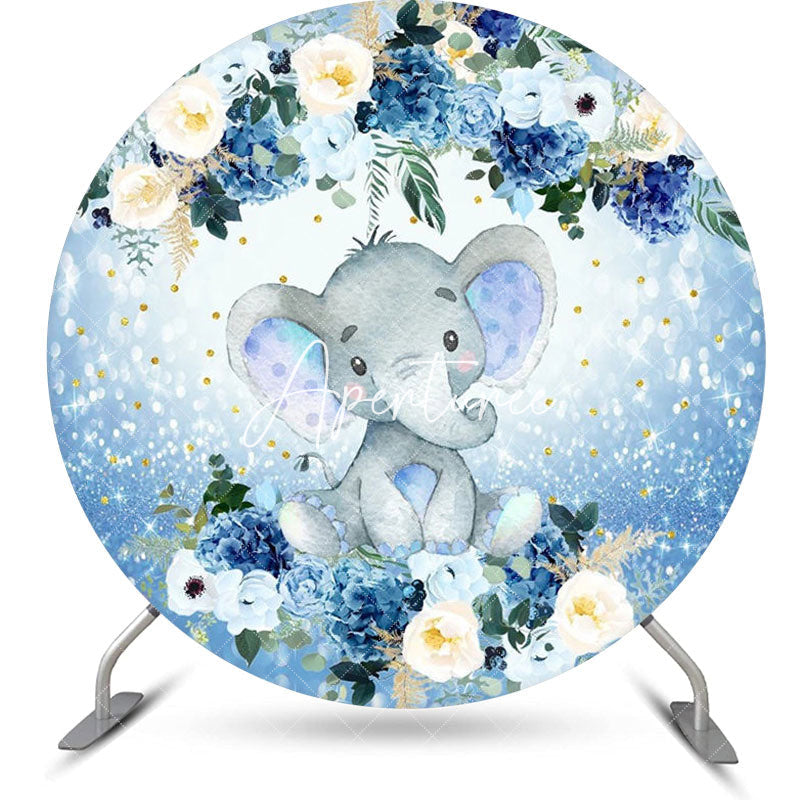 Aperturee - Floral Blue Elephant Dot Round Baby Shower Backdrop