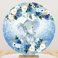 Aperturee - Floral Blue Elephant Dot Round Baby Shower Backdrop