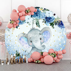 Aperturee - Floral Blue Elephant Dot Round Baby Shower Backdrop