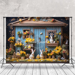 Aperturee - Floral Blue Retro Wood House Bunny Photo Backdrop