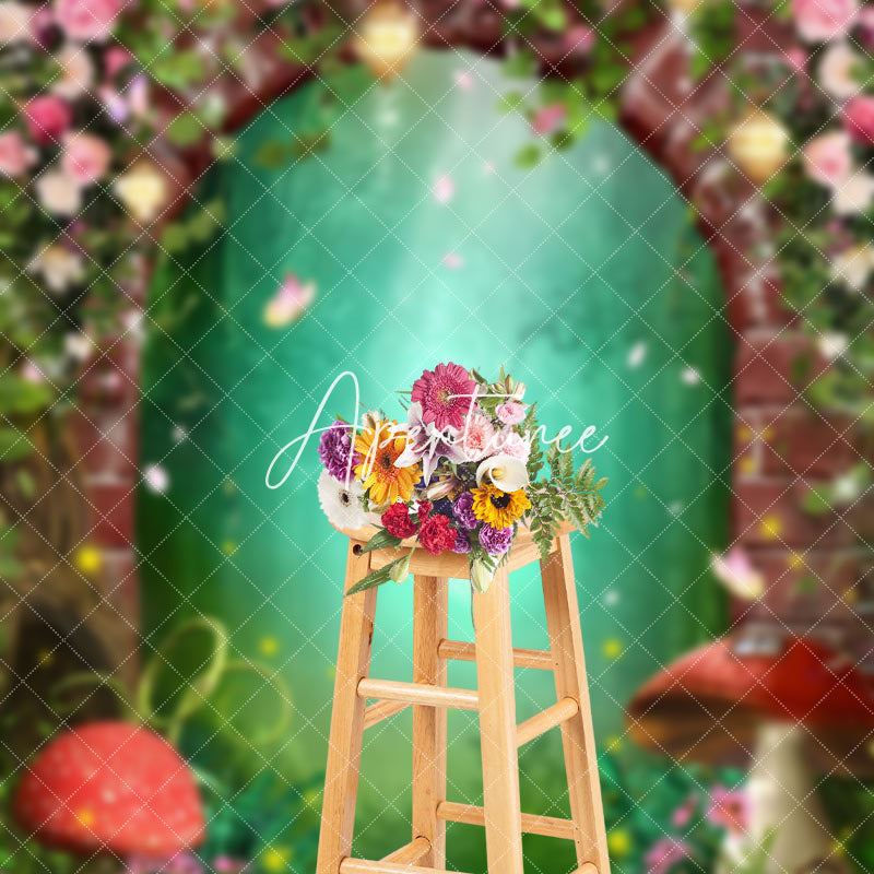 Aperturee - Floral Brick Arch Mushroom Firefly Forest Backdrop