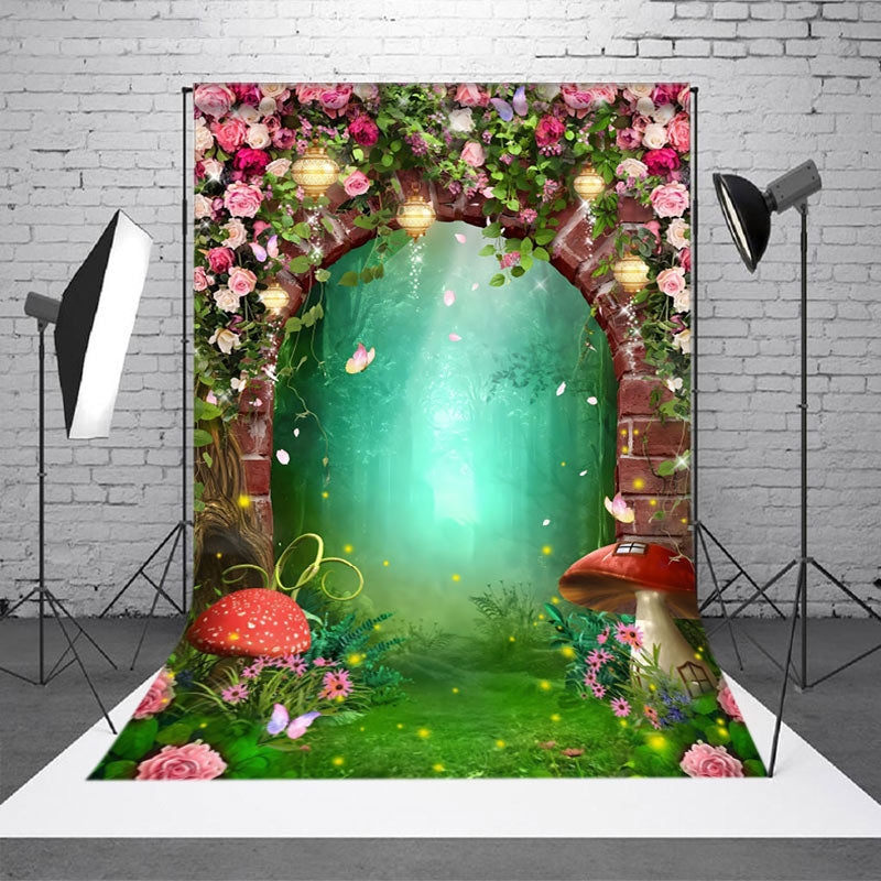 Aperturee - Floral Brick Arch Mushroom Firefly Forest Backdrop