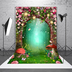 Aperturee - Floral Brick Arch Mushroom Firefly Forest Backdrop