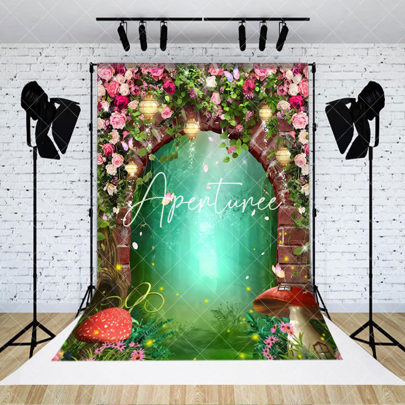 Aperturee - Floral Brick Arch Mushroom Firefly Forest Backdrop