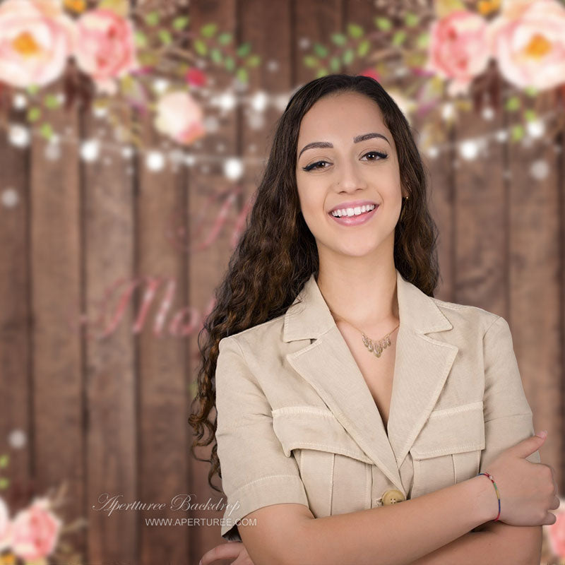 Aperturee - Floral Brown Wooden Bokeh Mothers Day Backdrop For Photo