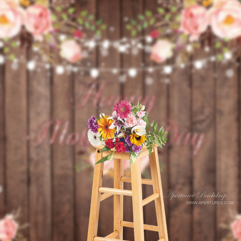 Aperturee - Floral Brown Wooden Bokeh Mothers Day Backdrop For Photo