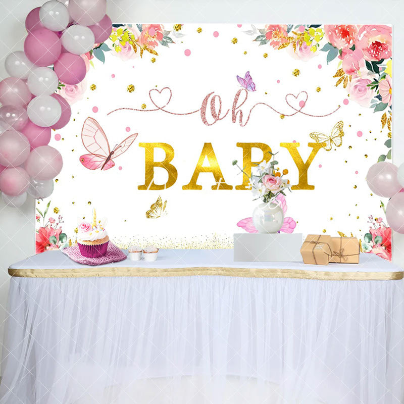 Aperturee - Floral Butterfly Gold Diamond Baby Shower Backdrop