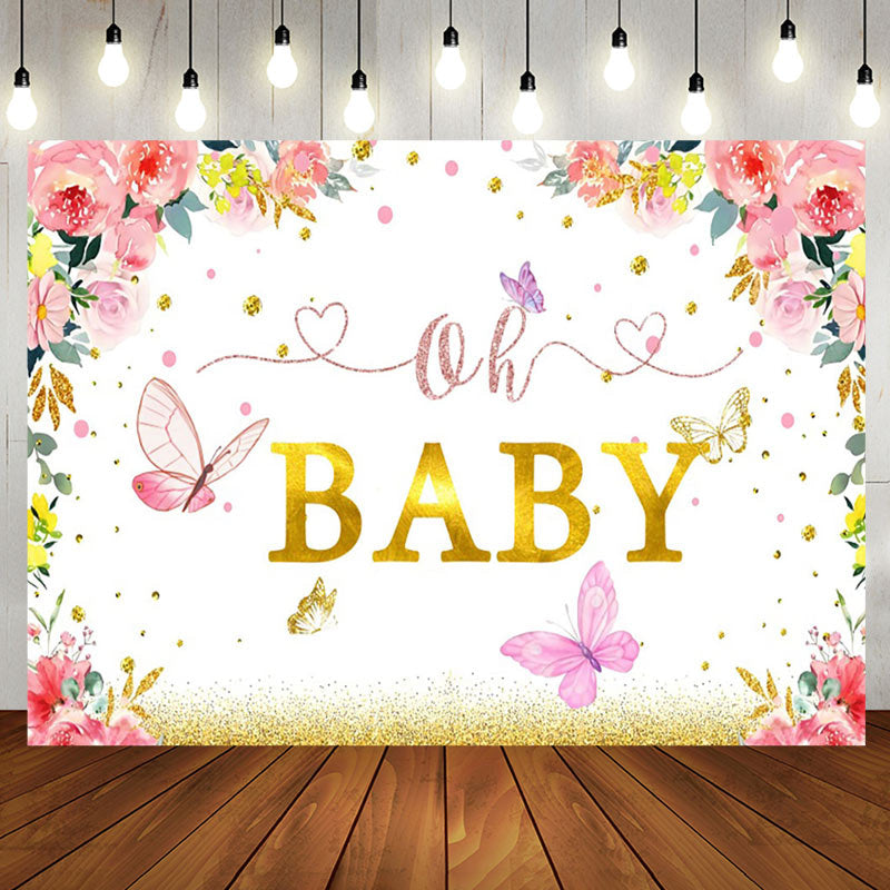 Aperturee - Floral Butterfly Gold Diamond Baby Shower Backdrop