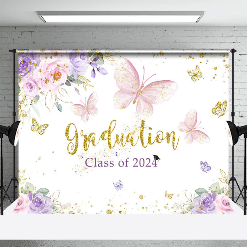 Aperturee - Floral Butterfly Grad Class Of 2024 Photo Backdrop