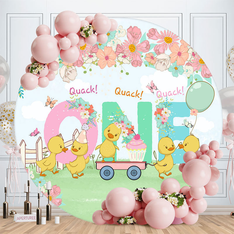 Aperturee - Floral Cartoon Cute Duck Round 1st Birthday Backdrop