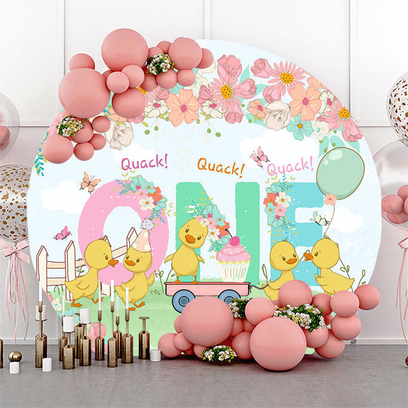 Aperturee - Floral Cartoon Cute Duck Round 1st Birthday Backdrop