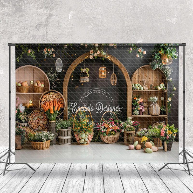 Aperturee - Floral Charcoal Grey Wall Eggs Easter Photo Backdrop