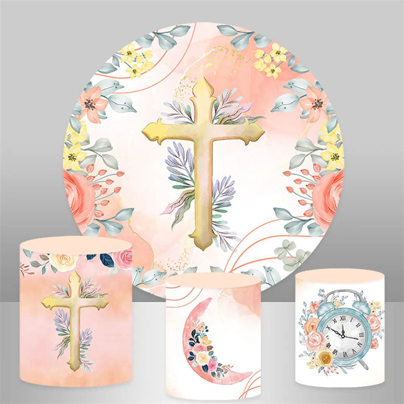 Aperturee Floral Cross Happy Baptism Round Backdrop Kit