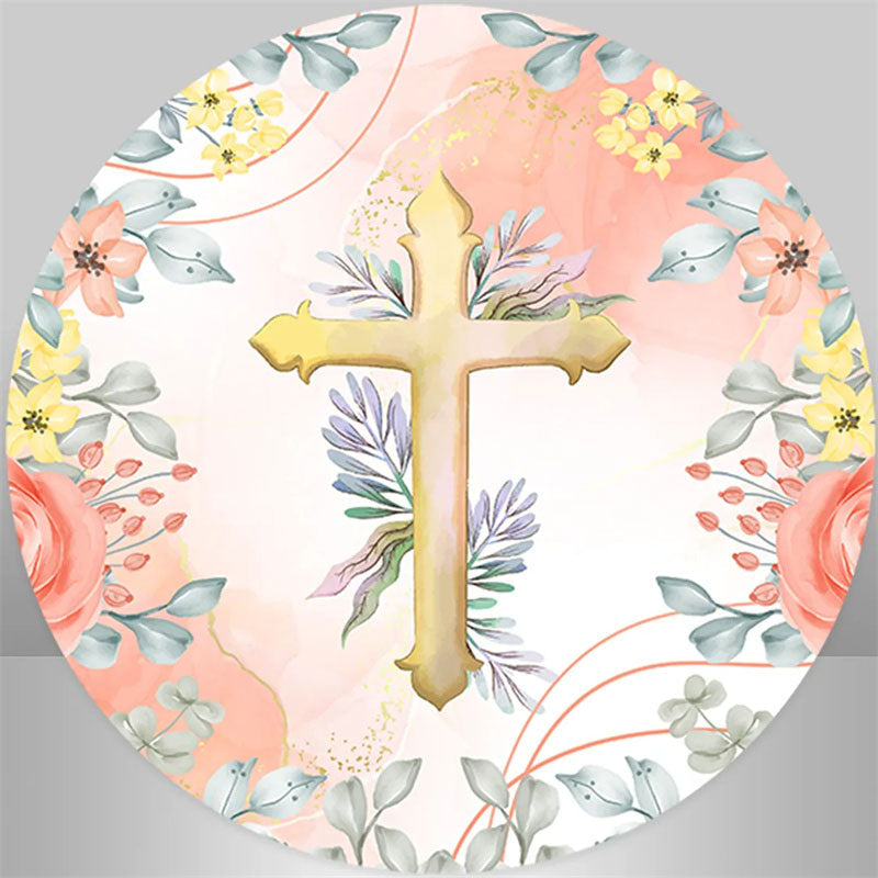 Aperturee - Floral Cross Happy Baptism Round Backdrop Kit