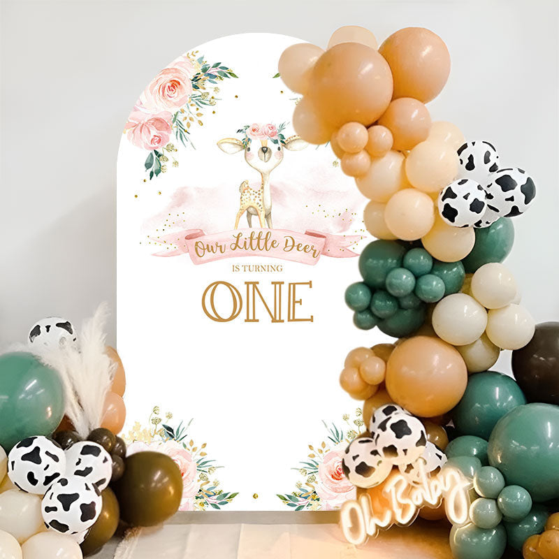 Aperturee - Floral Deer One Birthday Double Sided Arch Backdrop